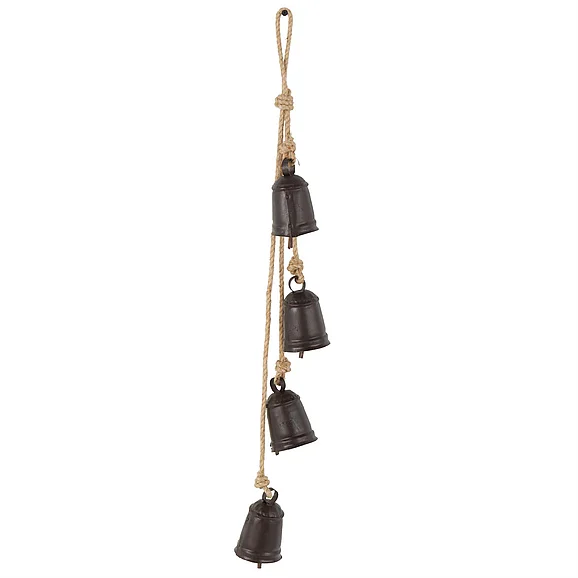 UMA Black Metal Handmade Cluster Indoor Outdoor Decorative Bells with 4 Bells on Jute Hanging Rope, 4 x 3 x 29 | 17715