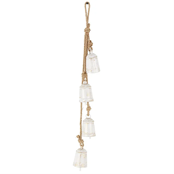UMA White Metal Handmade Cluster Indoor Outdoor Decorative Bells with 4 Bells on Jute Hanging Rope, 4 x 3 x 29 | 17716