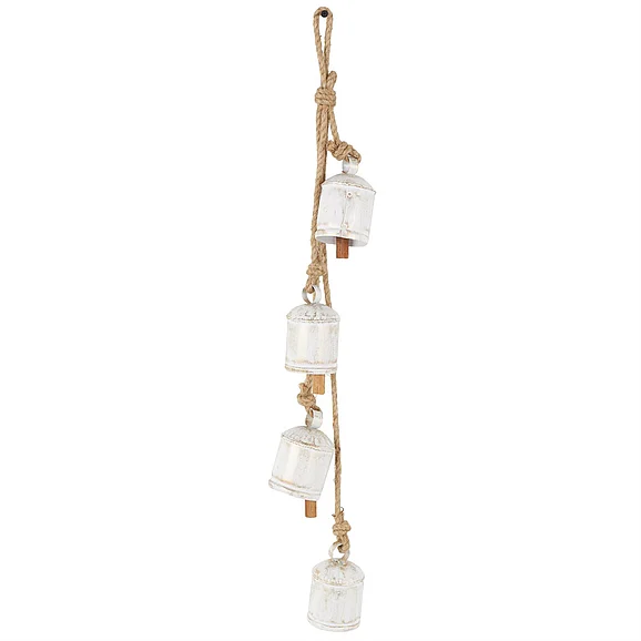 UMA White Metal Cluster Indoor Outdoor Decorative Bells with 4 Bells on Jute Hanging Rope, 4 x 3 x 29 | 17718