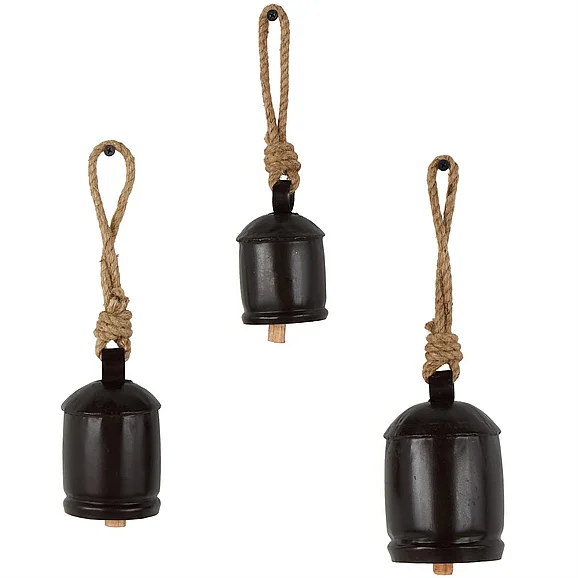 UMA Metal Tibetan Inspired Indoor/Outdoor Decorative Cow Bells with Jute Hanging Rope in Black (Set of 3) 17727