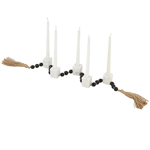 UMA White Marble Garland Decorative Candle Holder with Brown Tassel and Black Beads, 45 x 2 x 2 | 17757