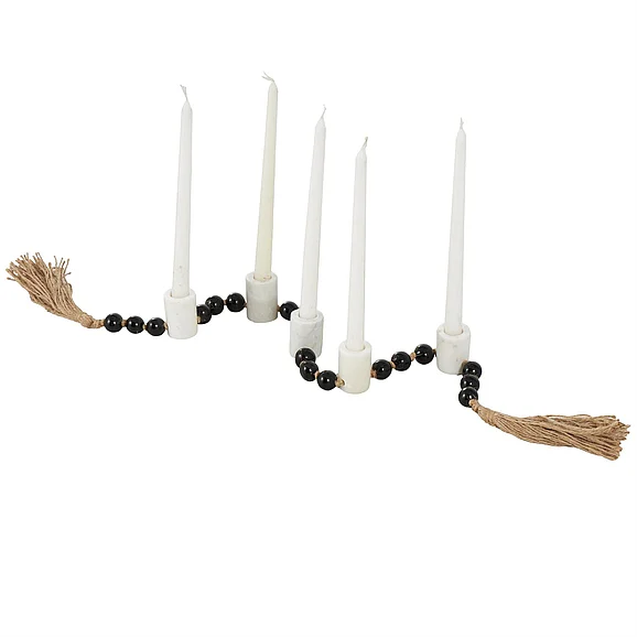 UMA White Marble Garland Decorative Candle Holder with Brown Tassel and Black Beads, 42 x 2 x 2 | 17759