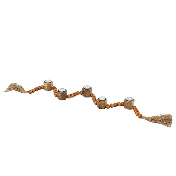 UMA Brown Mango Wood Garland Decorative Candle Holder with Brown Tassel, 51 x 2 x 2 | 17764