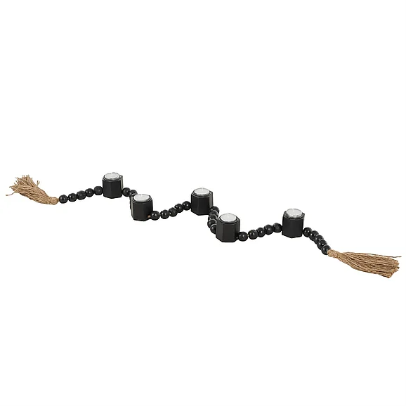 UMA Black Mango Wood Garland Decorative Candle Holder with Brown Tassel, 52 x 2 x 2 | 17765