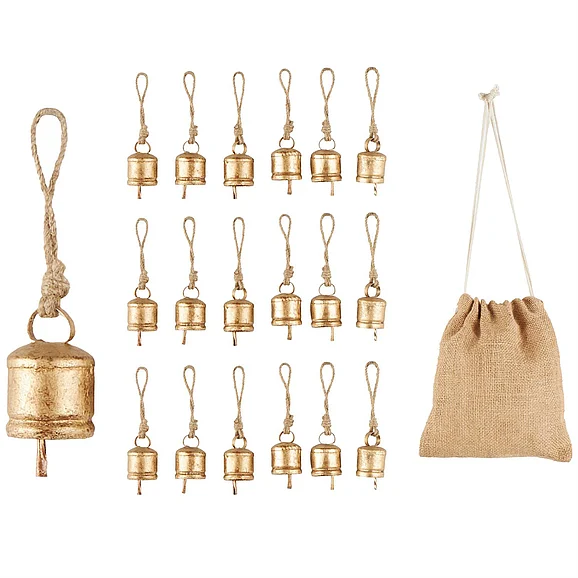 UMA Metal Bell Tibetan Inspired Indoor Outdoor Decorative Bells with Brown Jute Rope and Canvas Drawstring Tote in Gold (Set of 18) 17770