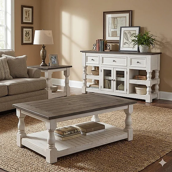 Sunset Trading Rustic French 3pc Occasional Table Set in Cottage White and Brown