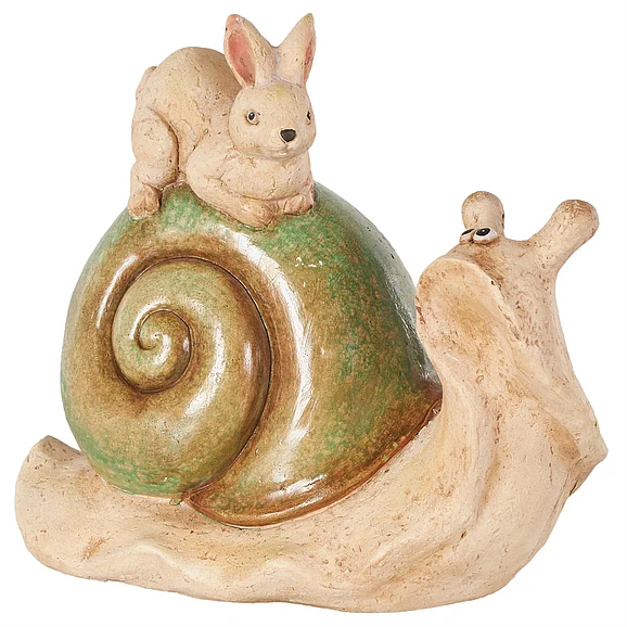 UMA Cream Magnesium Oxide Snail Decorative Garden Sculpture with Rabbit and Green Accents, 13 x 7 x 12 | 17871