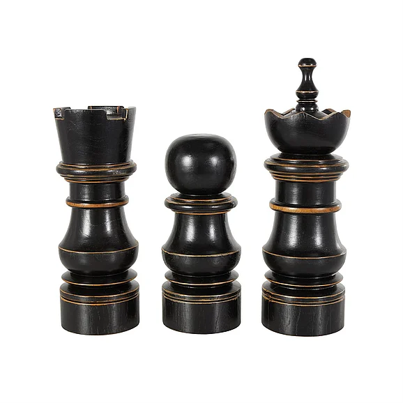 UMA Black Teak Wood Chess Decorative Sculpture with Brown Accents, Set of 3 19,16,14H | 17962