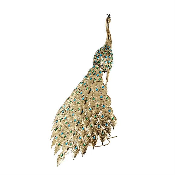 UMA Metal Peacock Decorative Garden Sculpture with Blue and Green Jewels in Brass 17970