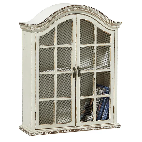 UMA White Wood Distressed 1 Shelf and 2 Door Room Wall Shelf with Arched Shutter Doors, 22" x 8" x 28" | 18162