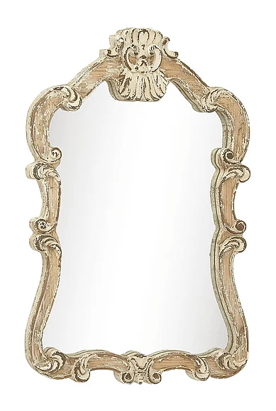 UMA Cream Wood Scroll Distressed Vintage Carved Acanthus Room Wall Mirror, 25" x 2" x 39" | 18197