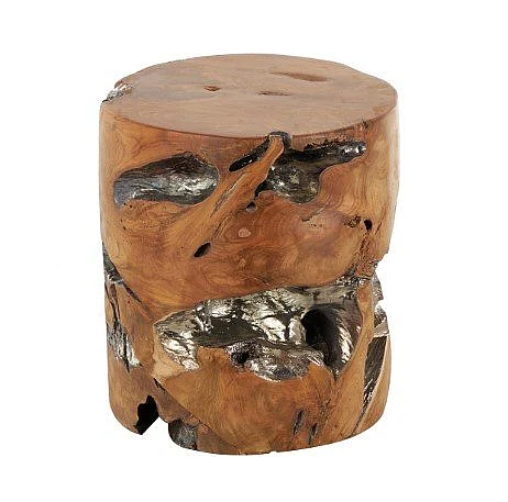 Uma Teak Wood Handmade Live Edge Tree Stump Living Room Stool with Silver Accents in Brown 18301