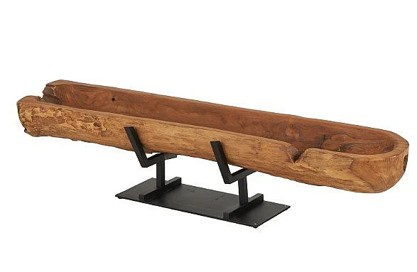 Uma Brown Teak Wood Abstract Handmade Decorative Sculpture with Black Metal Stand 18313