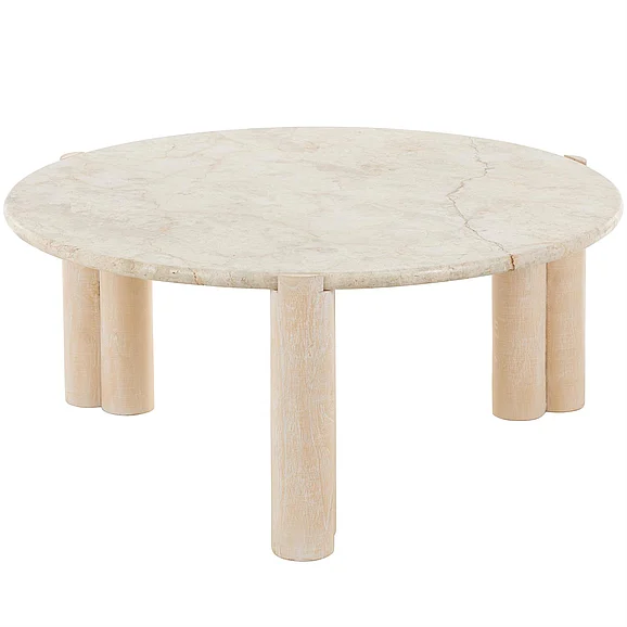 UMA Cream Teak Wood Handmade Living Room Coffee Table with Beige Marble Tabletop, 35" x 35" x 15" | 18315