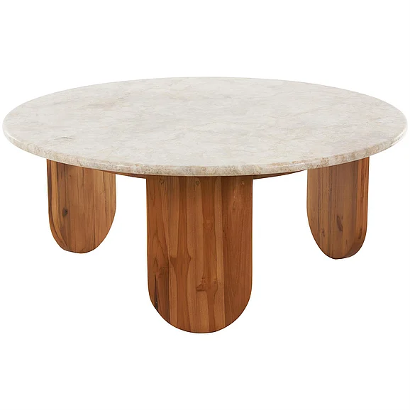 UMA Teak Wood Handmade Coffee Table with Beige Marble Tabletop in Brown 18318