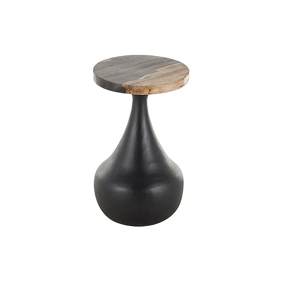 UMA Black Teak Wood Handmade Fluted Side End Accent Table with Brown Tabletop, 12 x 12 x 20 | 18352
