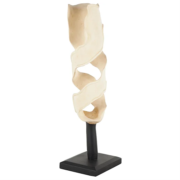 UMA Cream Teak Wood Abstract Handmade Live Edge Intertwined Decorative Sculpture with Black Square Base, 12 x 11 x 40 | 18356