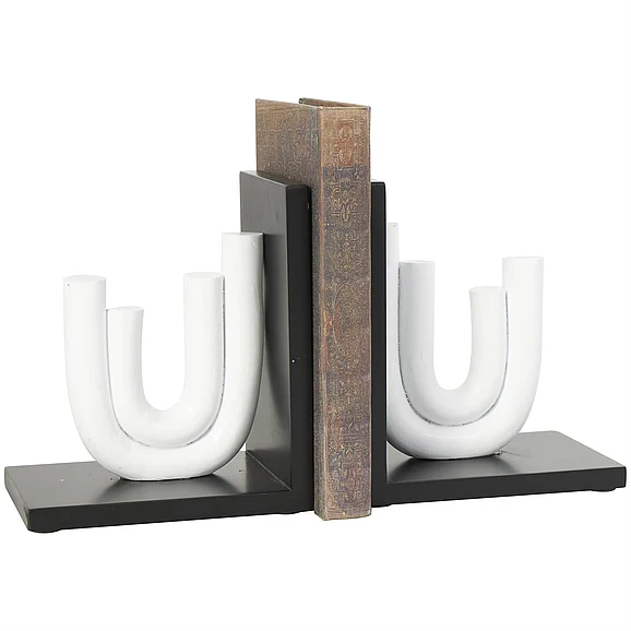 UMA CosmoLiving by Cosmopolitan White Wooden Abstract Layered U-Shaped Decorative Bookends with Black Stands, Set of 2 6W, 7H | 18531 CLOSEOUT