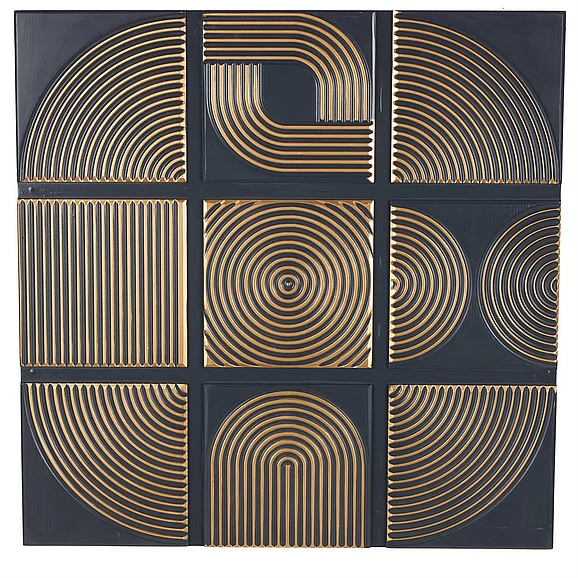 UMA Black Wooden Geometric Dimensional Shapes Home Wall Decor with Gold Accents, 48" x 2" x 48" | 18549