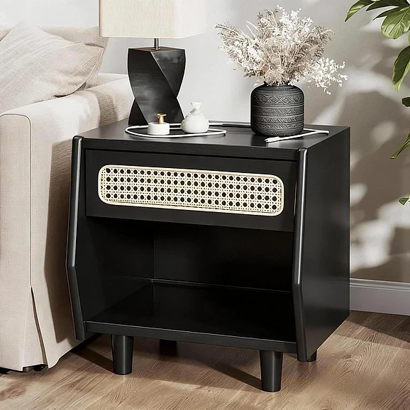 Black Nightstand with Rattan Detail, MDF + Solid Wood, Storage, Open Shelf & Drawer