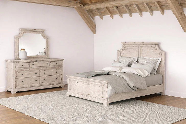 American Woodcrafters Providence 3pc Bedroom Set - Queen Panel Bed, Dresser and Mirror in Antique White