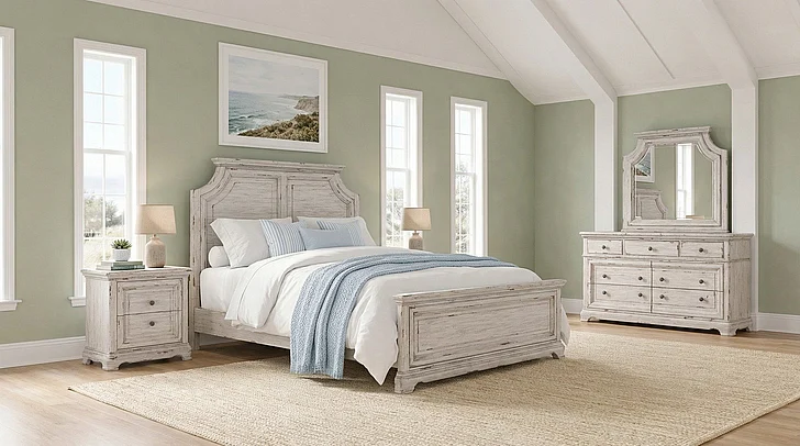 American Woodcrafters Providence 4pc Bedroom Set - Queen Panel Bed, Nightstand, Dresser and Mirror in Antique White