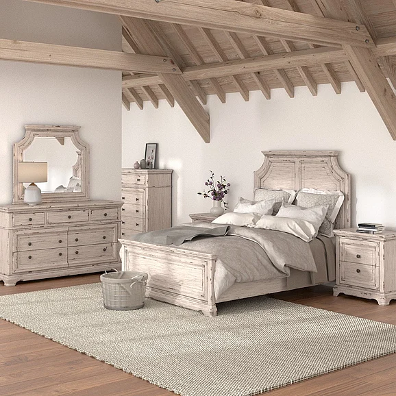 American Woodcrafters Providence 6pc Bedroom Set - King Panel Bed, 2x Nightstand, Dresser, Mirror and Chest in Antique White