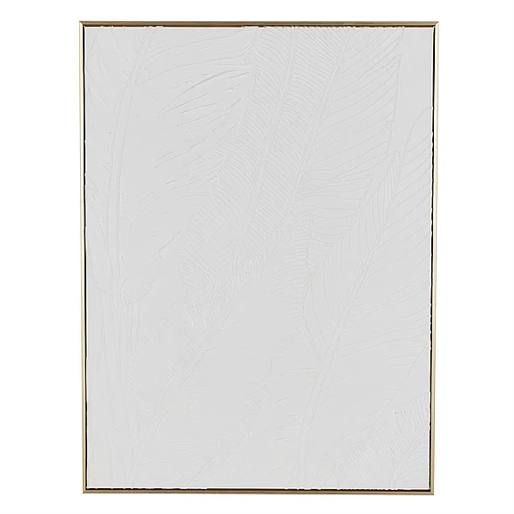 UMA Canvas Leaf Textured Framed Wall Art with Gold Frame in White 19944