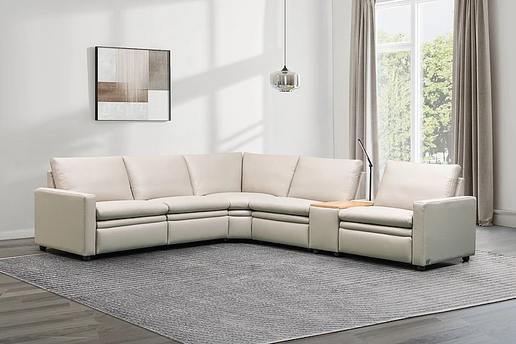 Klaussner Skyline Roma 6 Piece Beige Leather Power Reclining Sectional Sofa in Beige