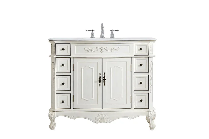 Elegant 42 In. Single Bathroom Vanity in Antique White with Ivory White Engineered Marble VF10142AW-VW