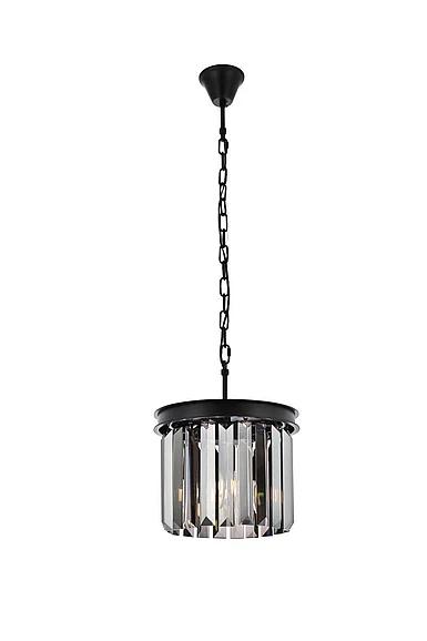 Elegant Sydney 3 Light Matte Black Pendant Silver Shade (Grey) Royal Cut Crystal 1238D12MB-SS/RC
