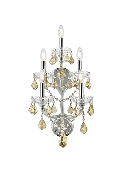Elegant Maria Theresa 5 Light Chrome Wall Sconce Golden Teak (Smoky) Royal Cut Crystal 2800W5C-GT/RC