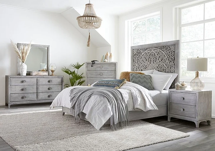 Modus Furniture Boho Chic 2pc Panel Bedroom Set in Washed White