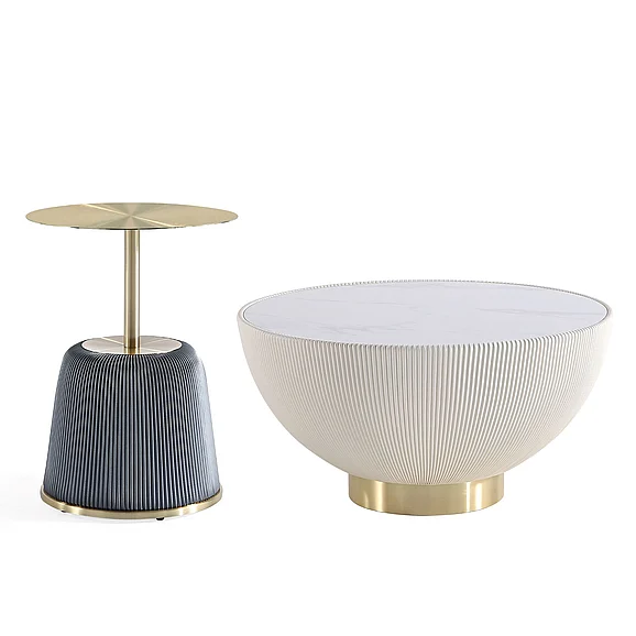 Manhattan Comfort Modern Anderson Coffee Table and End Table 1.0 Upholstered in Cream and Grey Leatherette with Ceramic Faux Tabletop and Gold Metal Tabletop- Set of 2 2-AT02-CRGY