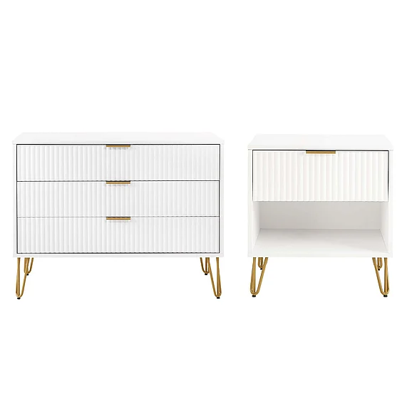 Manhattan Comfort 2-Piece Dumbo Modern Standard 3-Drawer Dresser and Dumbo Modern 1.0 Nightstand in White 2-DB01-WH