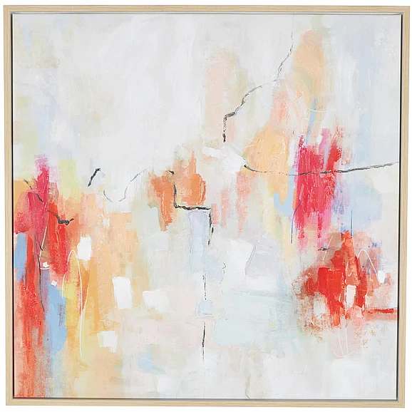 UMA Canvas Abstract Watercolor Blotch Framed Wall Art with Light Brown Frame in Multi Colored 20005