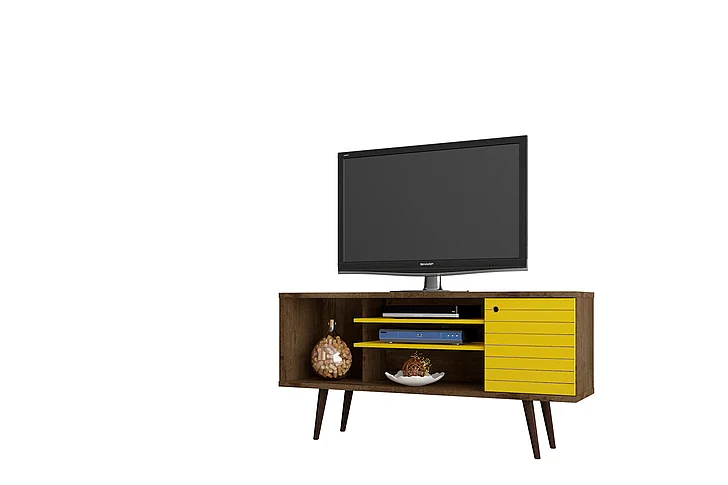 Manhattan Comfort Liberty 53.14" Mid-Century Modern TV Stand with 5 Shelves and 1 Door in Rustic Brown and Yellow with Solid Wood Legs 200AMC94
