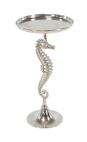 UMA Silver Aluminum Metal Sea Horse Side End Accent Table with Tray Top, 16" x 16" x 29" | 20176