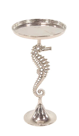 UMA Silver Aluminum Metal Sea Horse Pedestal Side End Accent Table with Tray Top, 14" x 14" x 27" | 20177