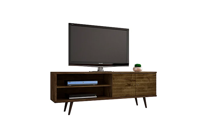 Manhattan Comfort Liberty 62.99" Mid-Century Modern TV Stand with 3 Shelves and 2 Doors in Rustic Brown with Solid Wood Legs 201AMC9