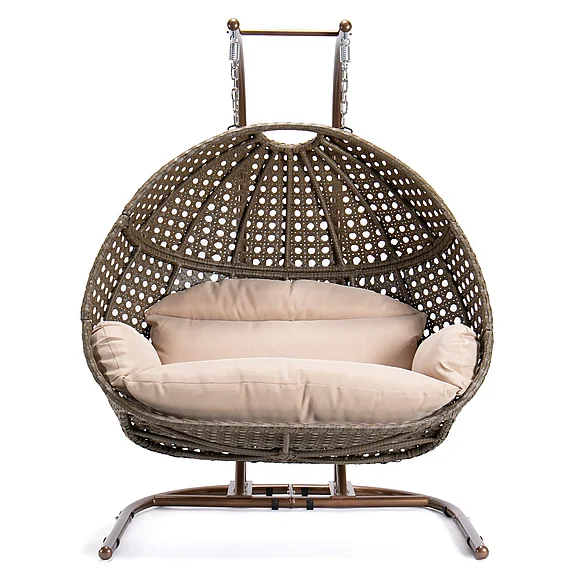 Brown Wicker Hanging Double-Seat Swing Chair w/ Stand w/Beige Cushion FedEx/UPS