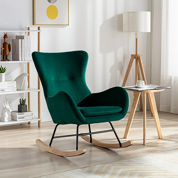 HOMEMAX | Velvet Fabric Padded Seat Rocking Chair w/ High Backrest & Armrests W67640671