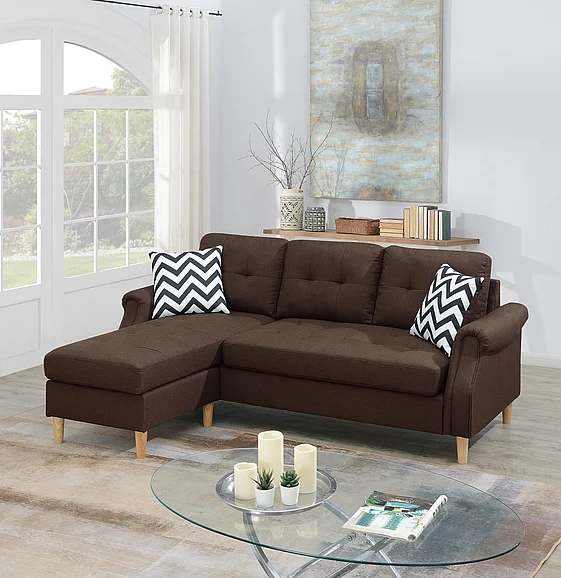 Polyfiber Chaise Sofa Reversible Sectional, Dark Coffee FedEx/UPS