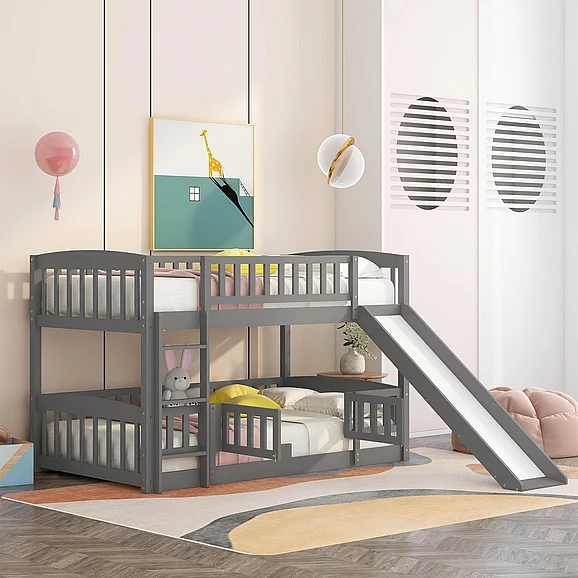 Twin Over Twin Low Bunk Bed w/ Fence & Ladder, Grey FedEx/UPS