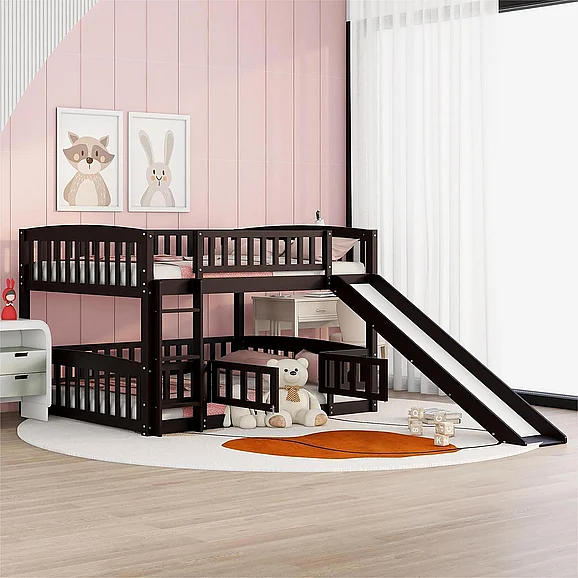 Full Over Full Low Bunk Bed w/ Fence & Ladder, Espresso FedEx/UPS