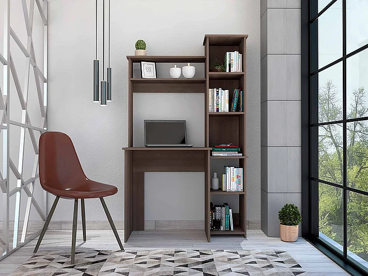Marston 6-Shelf Writing Desk w/ Built-In Bookcase Smokey Oak FedEx/UPS