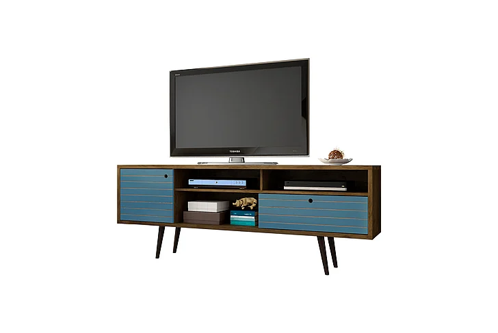 Manhattan Comfort Liberty 70.86" Mid-Century Modern TV Stand with 4 Shelving Spaces and 1 Drawer in Rustic Brown and Aqua Blue with Solid Wood Legs 202AMC93