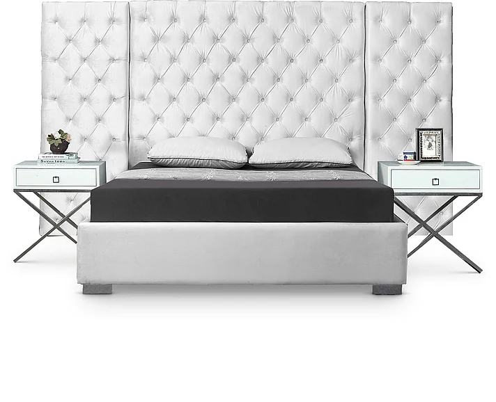 Meridian Grande Velvet Queen Bed in White Velvet GrandeWhite-Q