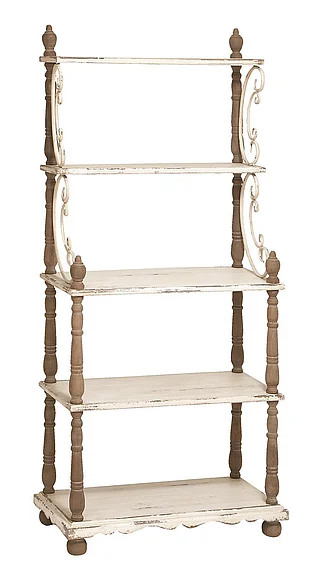 UMA White Wood Scroll Distressed Turned 5 Shelf Storage Shelving Unit with Brown Spindle Sides and Ball Feet, 32" x 16" x 75" | 20402