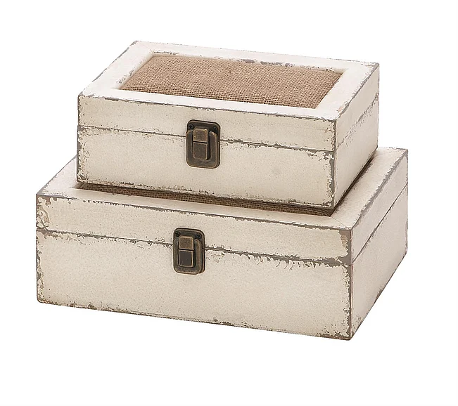UMA White Wooden Decorative Box with Hinged Lid, (Set of 2) 10, 8W | 20404